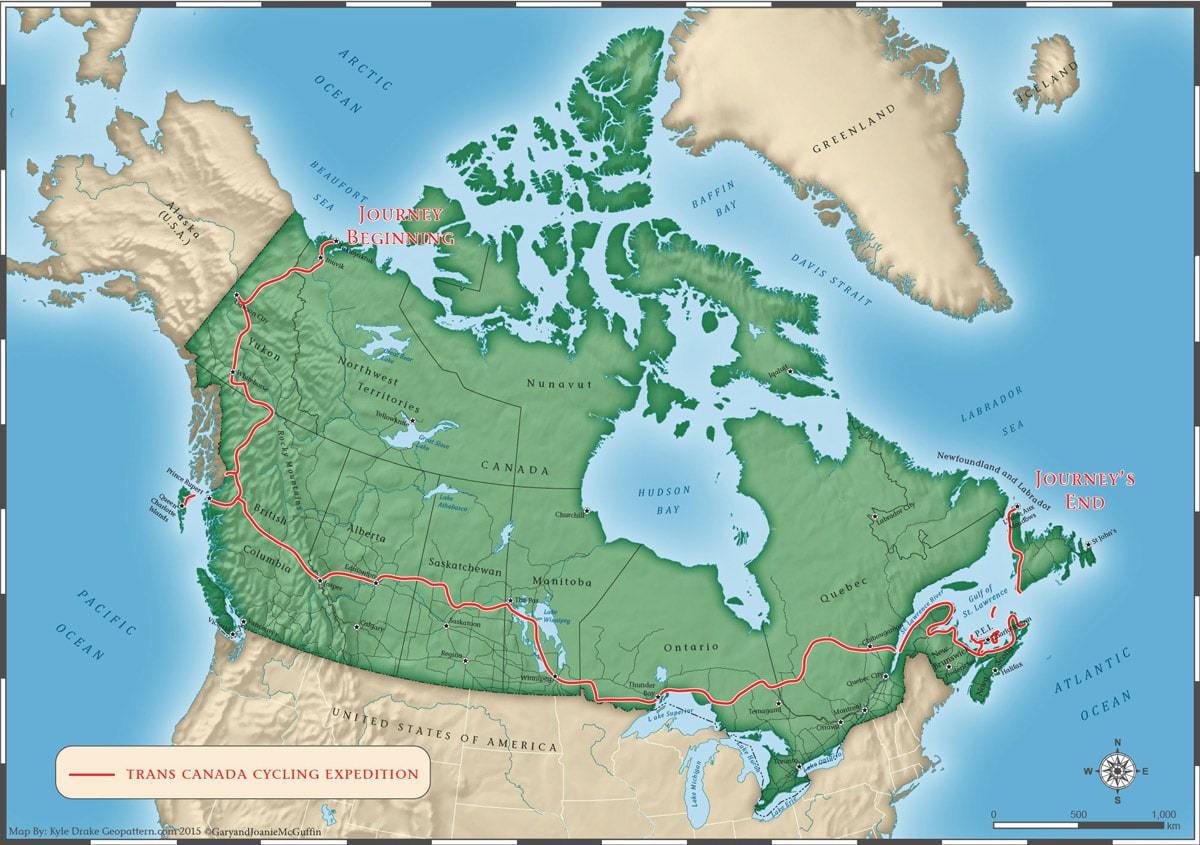 Map of Canada with McGuffin's cycling route