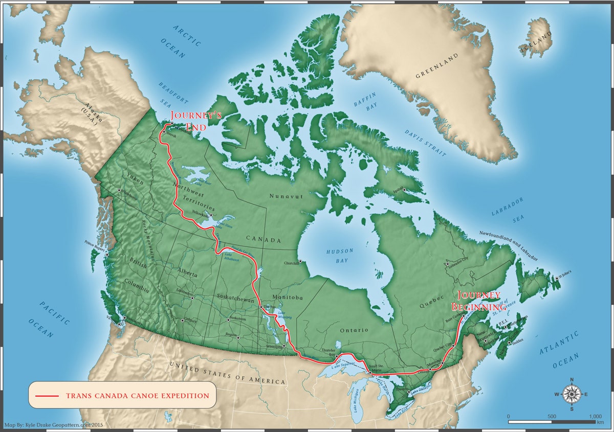 Map of Canada with the McGuffins paddling route marked