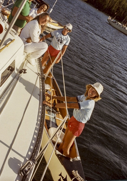 The McGuffins meeting Audrey and Wayne Lee in 1983 while crossing Canada by canoe