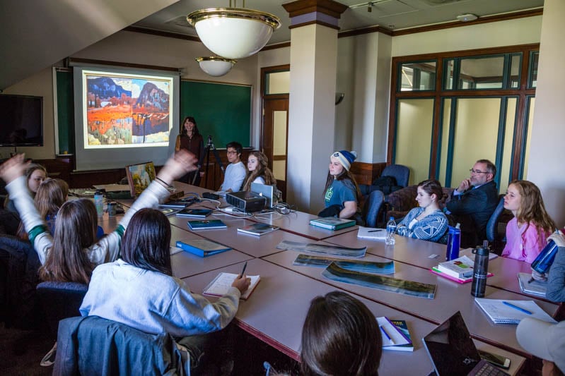 The McGuffins lecturing in Professor Patrick McLean’s Canadian studies class following their field trip to the McMichael Gallery, the National Gallery of Canada, the Art Gallery of Ontario and the Canadian Canoe Museum.